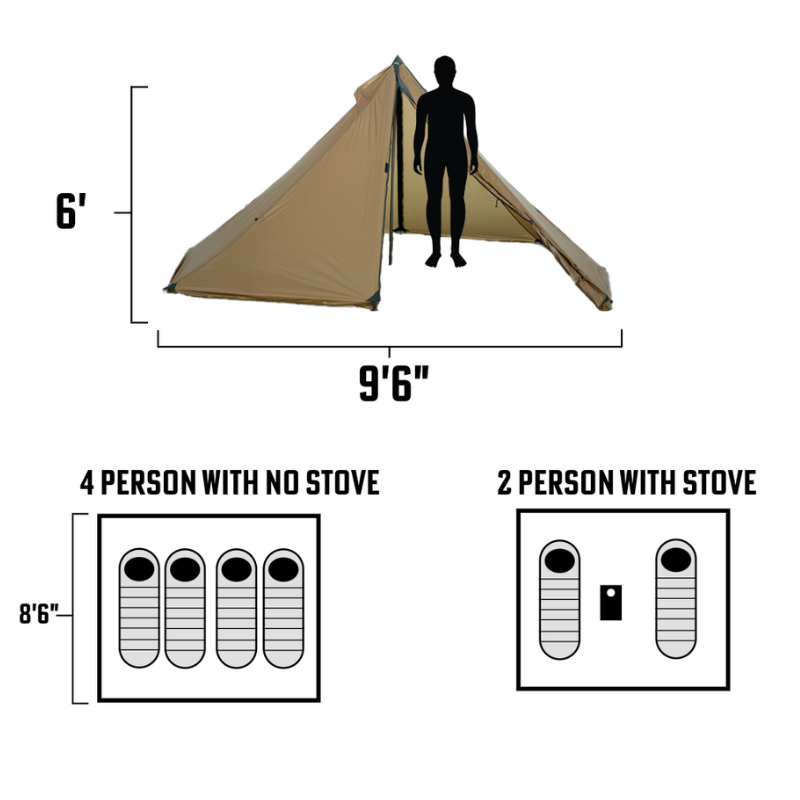diagram showing sleeping arrangement of 2 people with a stove or 4 people without a stove