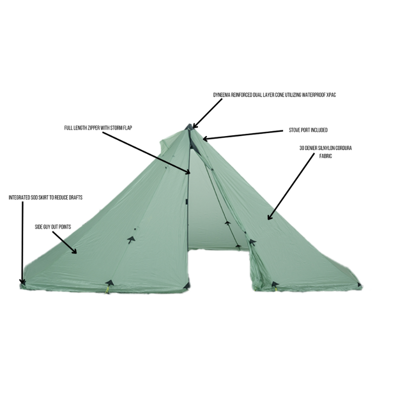 Redcliff light Detailed specifications with double reinforced cone, full height zipper, and extra guy out points