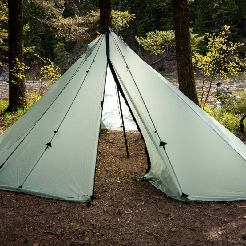 Redcliff Light tent pitched with included carbon fiber tent pole