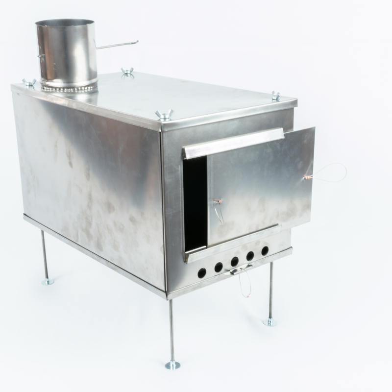Seek Outside titanium tent stove fully assembled with flat top cooking surface and sliding door