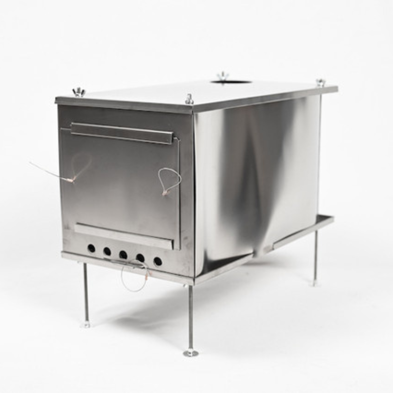 Large U-Turn titanium tent stove assembled front view showing sliding door and air intake for flame control