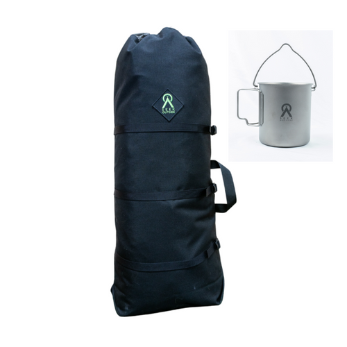 a black tipi storage bag and a titanium bug on a white background