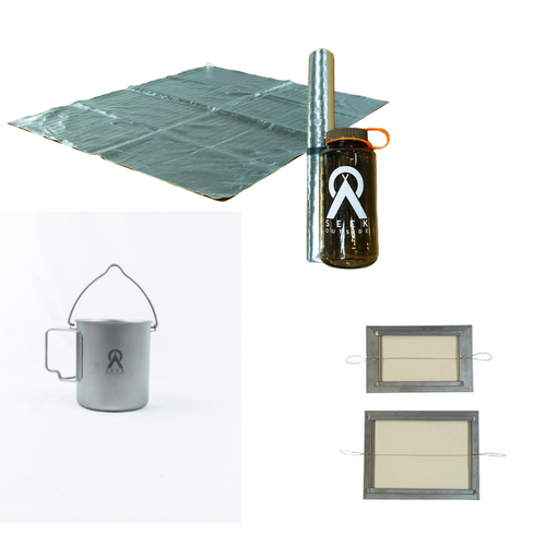 a titanium mug, a fire mat and a glass door on a white background