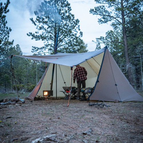 Bookcliff 8p tent with awning open showing a Hunter standing next to cots inside, 7'6" standing height, 80 sq ft standing area above 6 feet