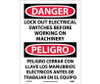 Danger: Lock Out Electrical Switches Before Working On Machinery - Bilingual - 14X10 - PS Vinyl - ESD679PB