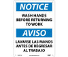 Notice: Wash Hands Before Returning To Work - Bilingual - 14X10 - .040 Alum - ESN371AB