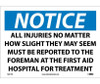 Notice: All Injuries No Matter How Slight They May Seem Must Be Reported To The Foreman At The First Aid Hospital For Treatment - 10X14 - PS Vinyl - N241PB