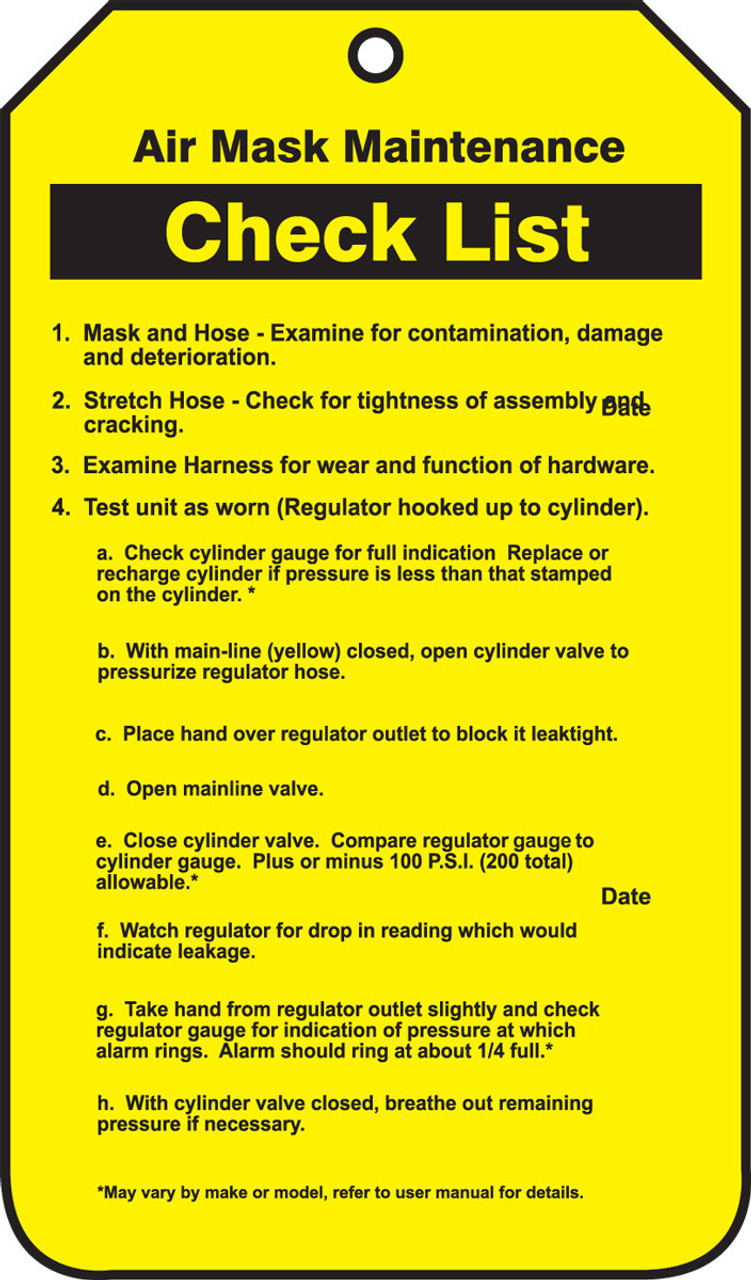 Air Mask Status Safety Tags: Air Mask Maintenance Check List PF-Cardstock  25/Pack - TRS312CTP - Jendco Safety Supply
