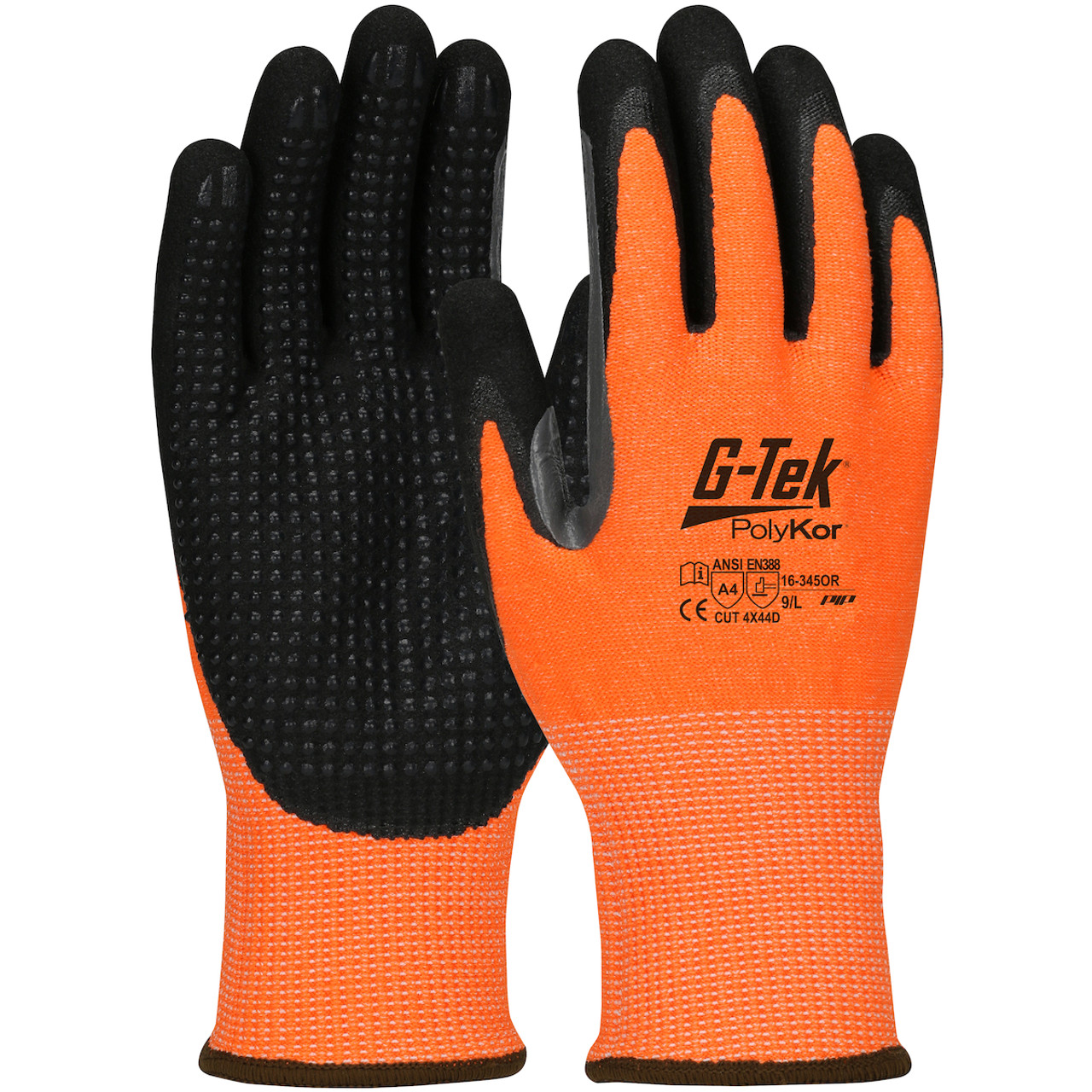 G-Tek PolyKor Hi-Vis Seamless Knit Blended Glove w/Double-Dipped Grip &  Extended Thumb Crotch - Orange - 1/DZ - 16-345OR