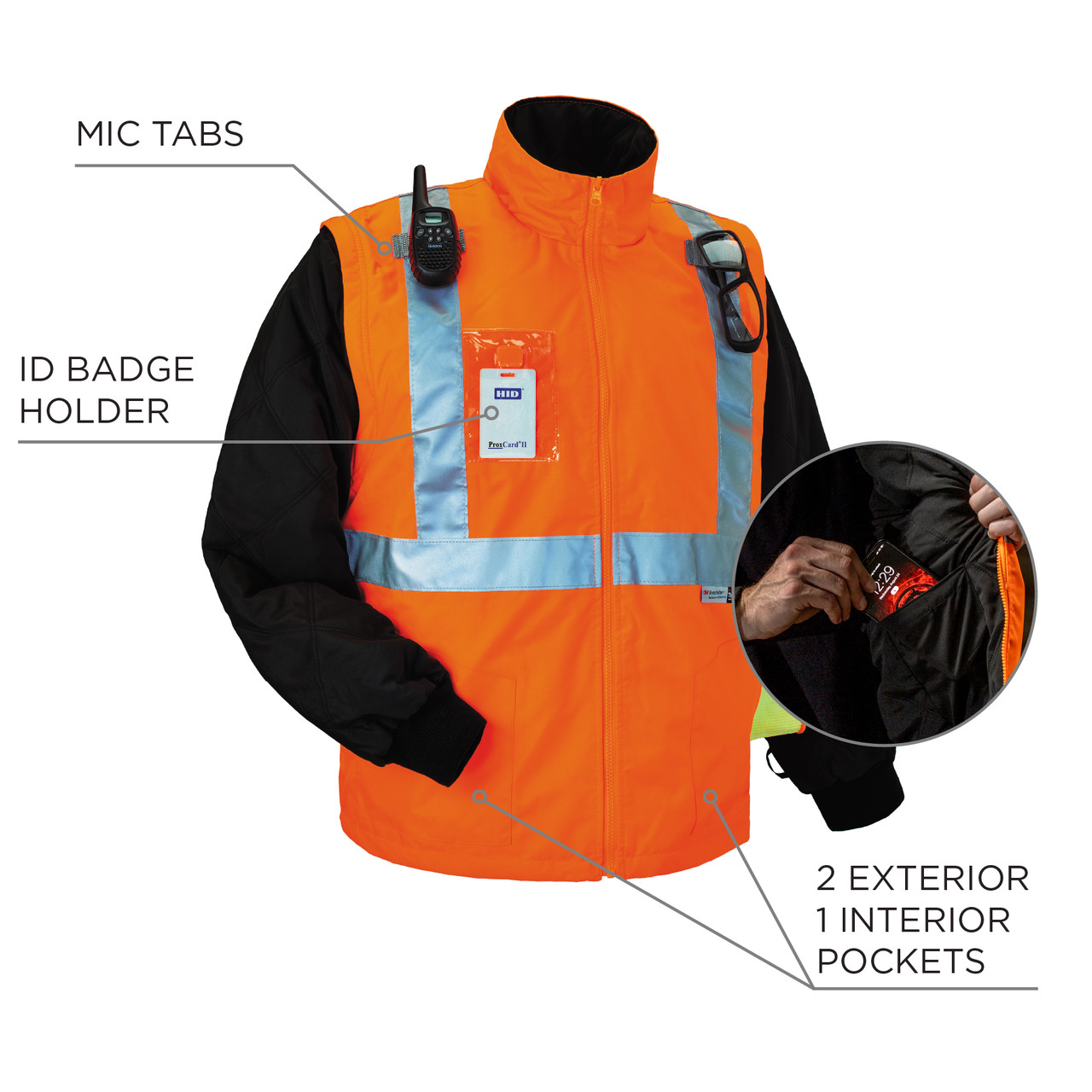 Hi-Vis Winter Jacket and Vest with Detachable Sleeves