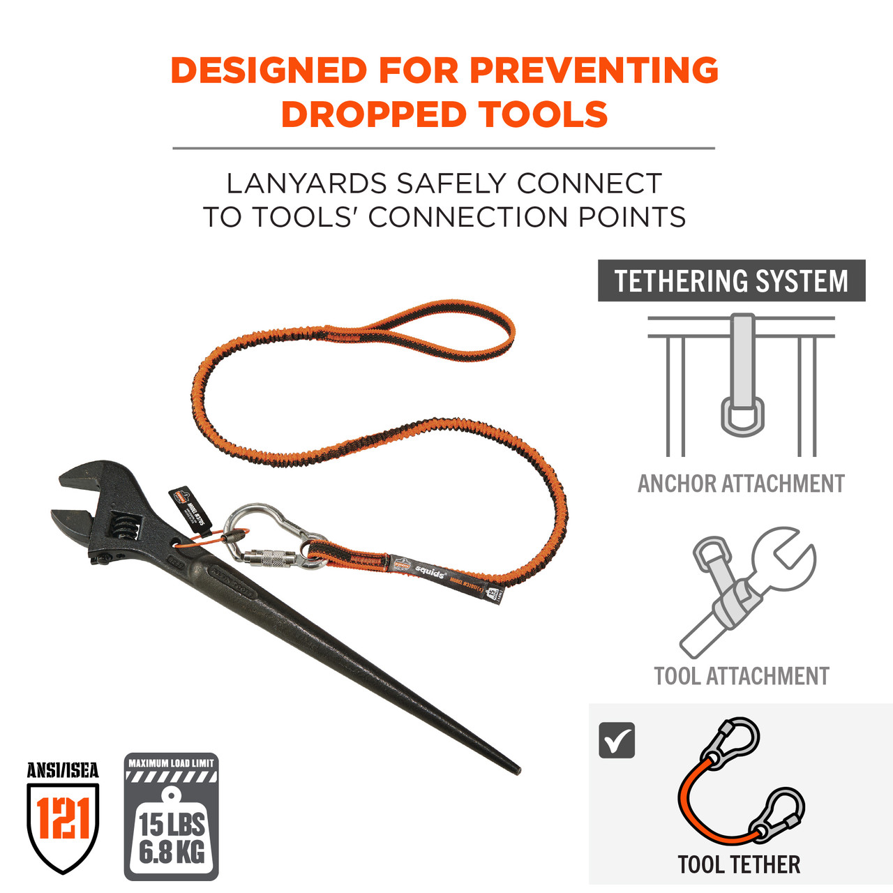 Ergodyne Squids 3101F(x) Tool Lanyard - Stainless-Steel Carabiner and Loop  - 15lbs