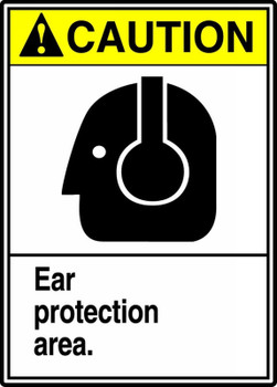 ANSI Caution Safety Sign: Ear Protection Area. 14" x 10" Adhesive Dura-Vinyl 1/Each - MRPE605XV