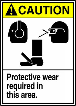 ANSI Caution Safety Sign: Protective Wear Required In This Area. 14" x 10" Adhesive Vinyl - MRPE606VS