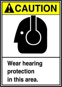 ANSI Caution Safety Sign: Wear Hearing Protection In This Area. 14" x 10" Adhesive Vinyl 1/Each - MRPE613VS
