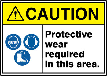 ANSI ISO Caution Safety Sign: Protective Wear Required In This Area 7" x 10" Aluminum 1/Each - MRPE647VA
