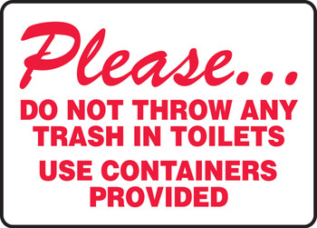 Safety Sign: Please Do Not Throw Any Trash In Toilets 7" x 10" Plastic 1/Each - MRST900VP