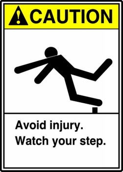 ANSI Caution Safety Sign: Avoid Injury. Watch Your Step. 10" x 7" Adhesive Vinyl 1/Each - MRTF601VS