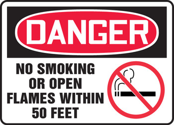 OSHA Danger Safety Sign: No Smoking Or Open Flames Within 50 Feet 10" x 14" Aluminum - MSMK052VA