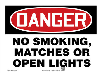 OSHA Danger Smoking Control Sign: No Smoking, Matches Or Open Lights 7" x 10" Aluminum - MSMK135VA