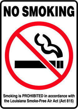 Safety Sign: No Smoking Louisiana Smoke-Free Air Act 14" x 10" Plastic 1/Each - MSMK438VP