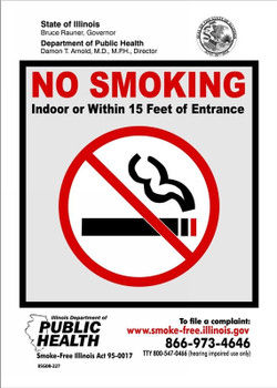 Safety Sign: No Smoking Indoor Or Within 15 Feet Of Entrance (Illinois) 10" x 7" Dura-Plastic 1/Each - MSMK468XT