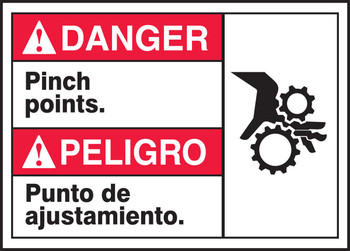 Spanish (Mexican) Bilingual ANSI Danger Visual Alert Safety Sign: Pinch Points 10" x 14" Adhesive Dura-Vinyl 1/Each - MTAS114XV