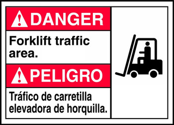 Bilingual ANSI Danger Safety Sign: Forklift Traffic Area 10" x 14" Adhesive Dura-Vinyl 1/Each - MTAS220XV