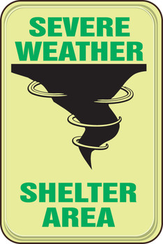 Glow-In-The-Dark Safety Sign: Severe Weather Shelter Area 9" x 6" 1/Each - PAR735