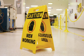 Reversible Fold-Ups Floor Sign: On The Job Safety Begins Here - Think The Safe Way Is The Best Way 20" X 12" Corrugated Plastic 1/Each - PFE448