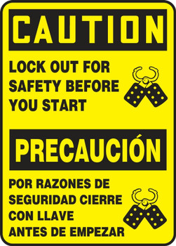 Bilingual Contractor Preferred OSHA Caution Safety Sign: Lock Out For Safety Before You Start 10" x 14" Aluminum SA 1/Each - SBEELC657CA