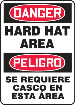 Bilingual Contractor Preferred OSHA Danger Safety Sign: Hard Hat Area 14" x 10" Adhesive Vinyl (3.5 mil) 1/Each - SBEPPA005CS