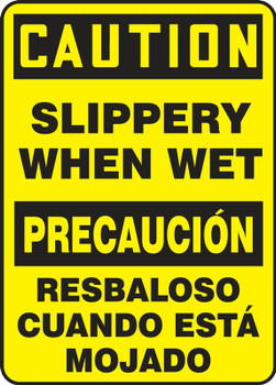 Bilingual Contractor Preferred OSHA Caution Safety Sign: Slippery When Wet 10" x 14" Plastic (.040") 1/Each - SBESTF642CP