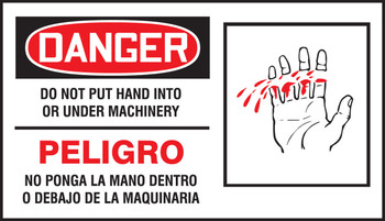 Bilingual OSHA Danger Safety Label: Do Not Put Hand Into Or Under Machinery 4" x 7" - SBLEQM023VSP