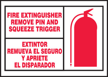 Bilingual Safety Label: Fire Extinguisher - Remove Pin And Squeeze Trigger 3 1/2" x 5" Adhesive Vinyl 5/Pack - SBLFXG513VSP
