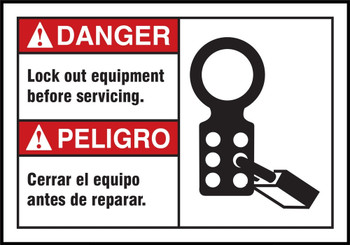 Bilingual ANSI Danger Safety Label: Lock Out Equipment Before Servicing 3 1/2" x 5" Adhesive Dura Vinyl 1/Each - SBLLKT001XVE