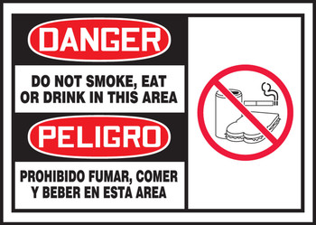 Bilingual OSHA Danger Safety Label: Do Not Smoke, Eat Or Drink In This Area 3 1/2" x 5" Adhesive Dura Vinyl 1/Each - SBLSMK002XVE