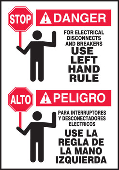 Bilingual OSHA Danger Safety Label: For Electrical Disconnects And Breakers - Use Left Hand Rule 5" x 3 1/2" Adhesive Dura Vinyl 1/Each - SBLSPS193XVE