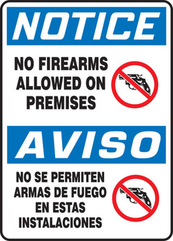 Bilingual OSHA Notice Safety Sign: No Firearms Allowed On Premises Bilingual - Spanish 14" x 10" Adhesive Vinyl 1/Each - SBMACC821VS