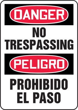 Bilingual OSHA Danger Safety Sign: No Trespassing 14" x 10" Adhesive Vinyl - SBMADM076VS