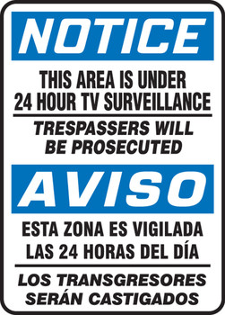 Bilingual OSHA Notice Safety Sign: This Area Is Under 24 Hour Tv Surveillance 14" x 10" Accu-Shield 1/Each - SBMASE812XP