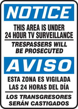 Bilingual OSHA Notice Safety Sign: This Area Is Under 24 Hour Tv Surveillance 14" x 10" Adhesive Dura-Vinyl - SBMASE812XV