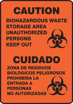 Spanish Bilingual Safety Sign: Caution - Biohazardous Waste Storage Area Unauthorized Persons Keep Out 14" x 10" Adhesive Vinyl 1/Each - SBMBHZ532VS