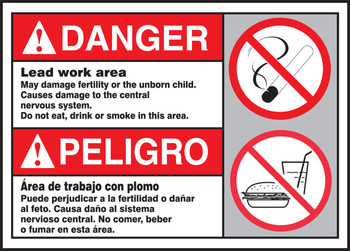 Bilingual ANSI Danger Safety Sign: Lead Work Area (English, Español) Bilingual - Spanish/English 10" x 14" Dura-Fiberglass 1/Each - SBMCAW189XF