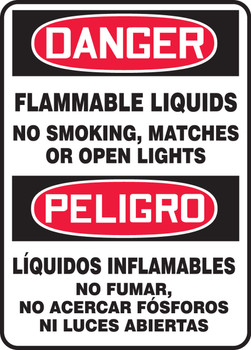 Bilingual OSHA Danger Safety Sign: Flammable Liquids - No Smoking, Matches Or Open Lights 14" x 10" Adhesive Vinyl 1/Each - SBMCHG068VS