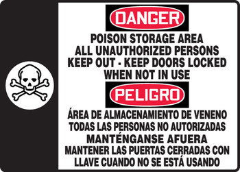 OSHA Danger Bilingual Safety Sign: Poison Storage Area All Unauthorized Persons Keep Out Keep Doors Locked When Not In Use 10" x 14" Aluminum 1/Each - SBMCHG107VA