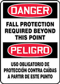 Bilingual OSHA Danger Safety Sign: Fall Protection Required Beyond This Point 14" x 10" Plastic - SBMFPR105VP