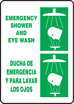 Bilingual Safety Sign: Emergency Shower And Eye Wash 14" x 10" Adhesive Dura-Vinyl - SBMFSR502XV