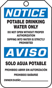 Bilingual OSHA Notice Safety Tag: Potable Drinking Water Only Bilingual - Spanish/English PF-Cardstock 5/Pack - SBMNT246CTM