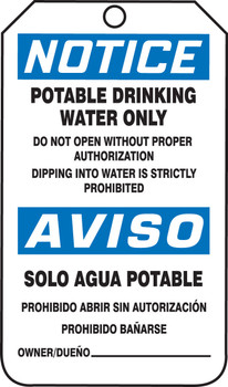 Bilingual OSHA Notice Safety Tag: Potable Drinking Water Only Bilingual - Spanish/English PF-Cardstock 25/Pack - SBMNT246CTP