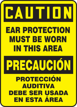 Bilingual OSHA Caution Safety Sign: Ear Protection Must Be Worn In This Area Bilingual - Spanish/English 14" x 10" Aluminum 1/Each - SBMPPA603VA